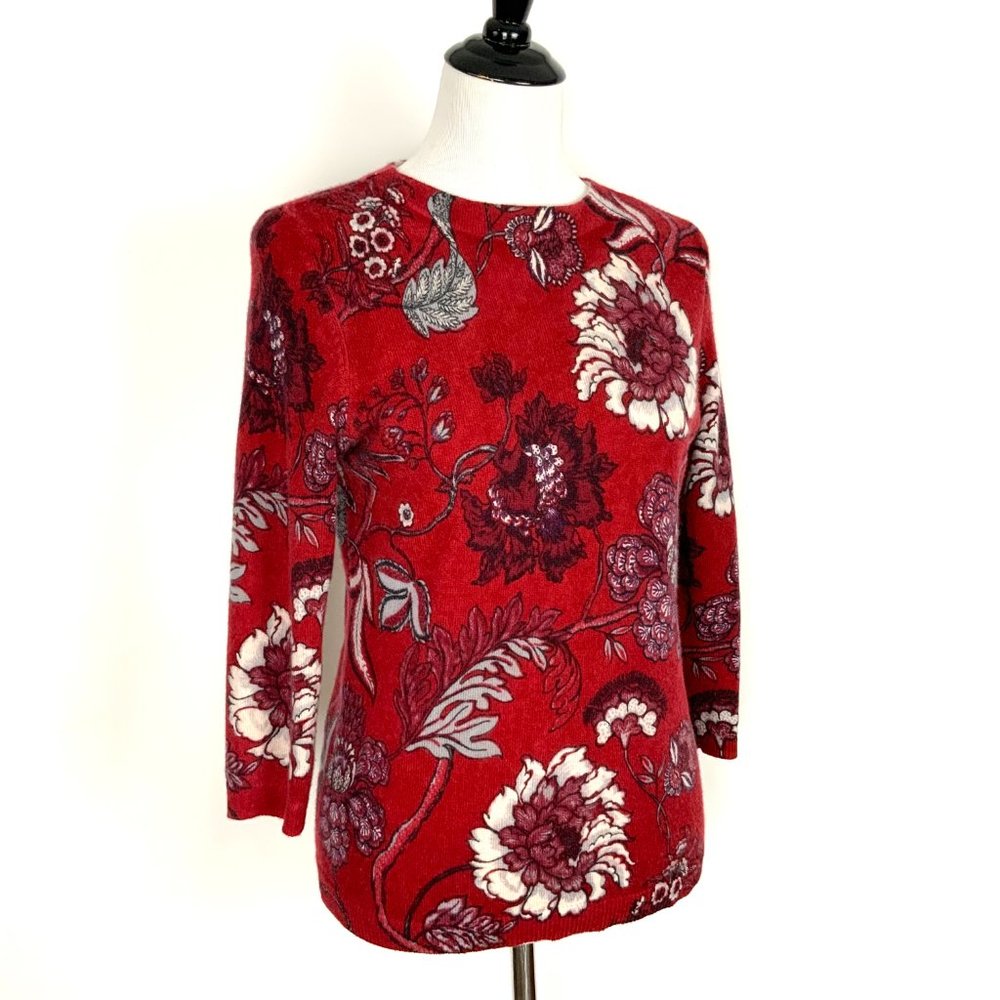 Talbots Audrey 100% Cashmere Red Graphic Floral Sweater Sz MP